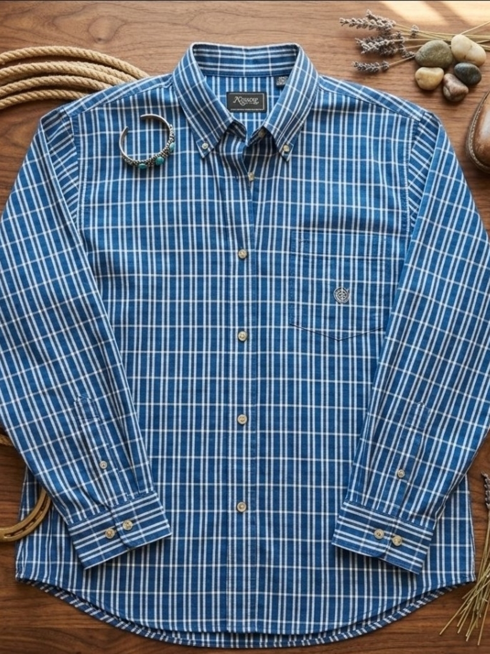 Womens Roper Blue Plaid Button-Down Shirt With Logo. Large